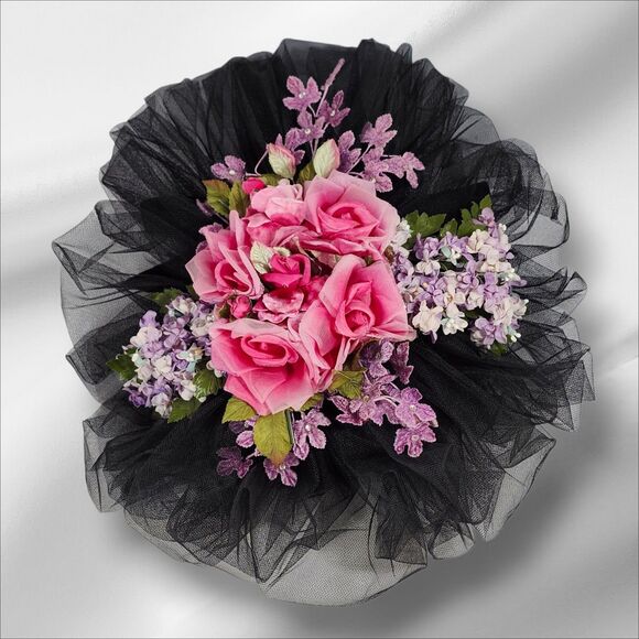 Vintage Mme. Poswolsky NY Black Tulle Derby Hat Roses & Rhinestones 1950s RARE main image 6